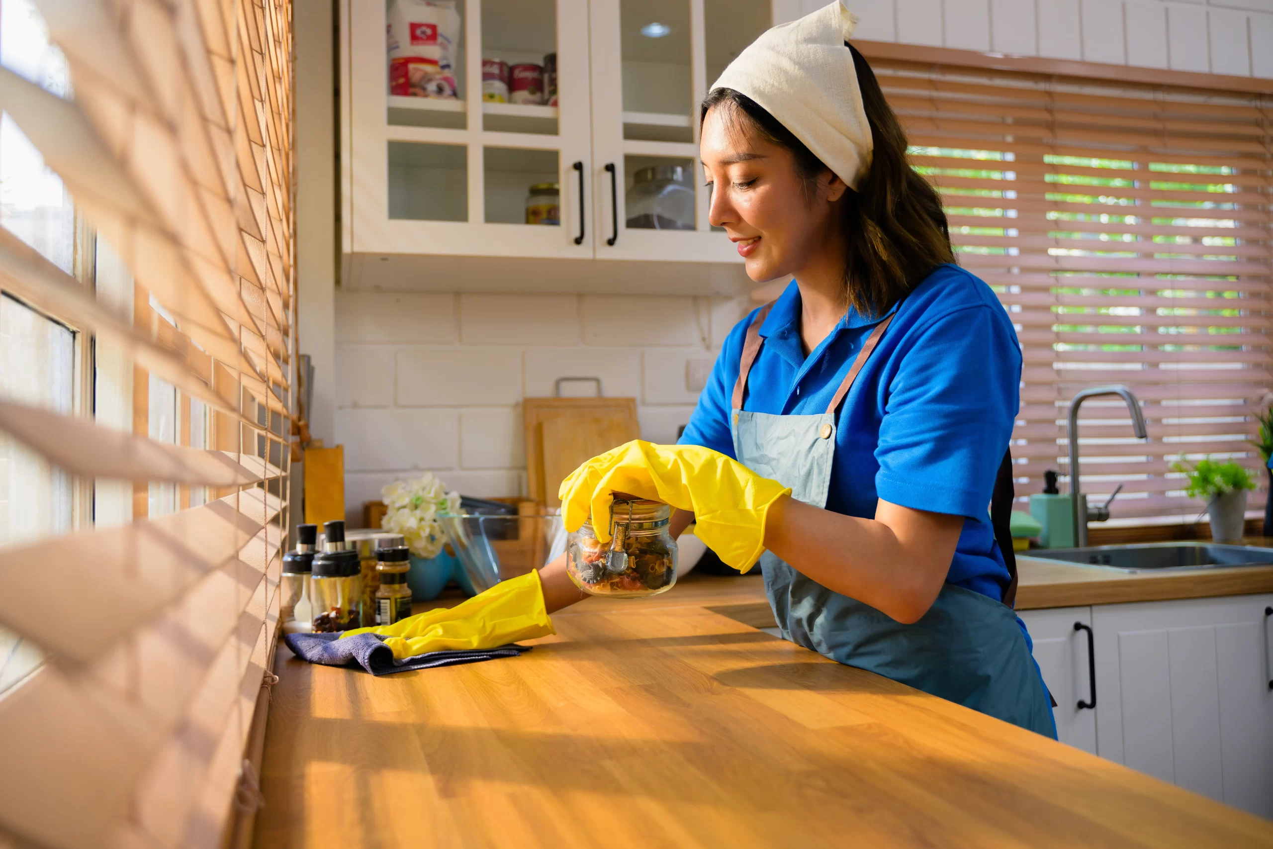 A lady cleaning a counter top in residential house
